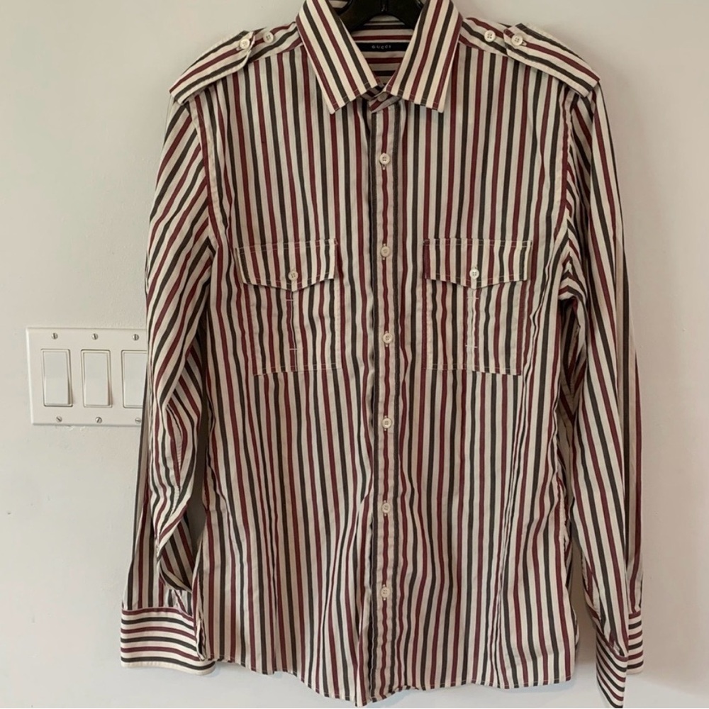 Gucci Men's Cotton Stripe Shirt Burgundy Grey Cream